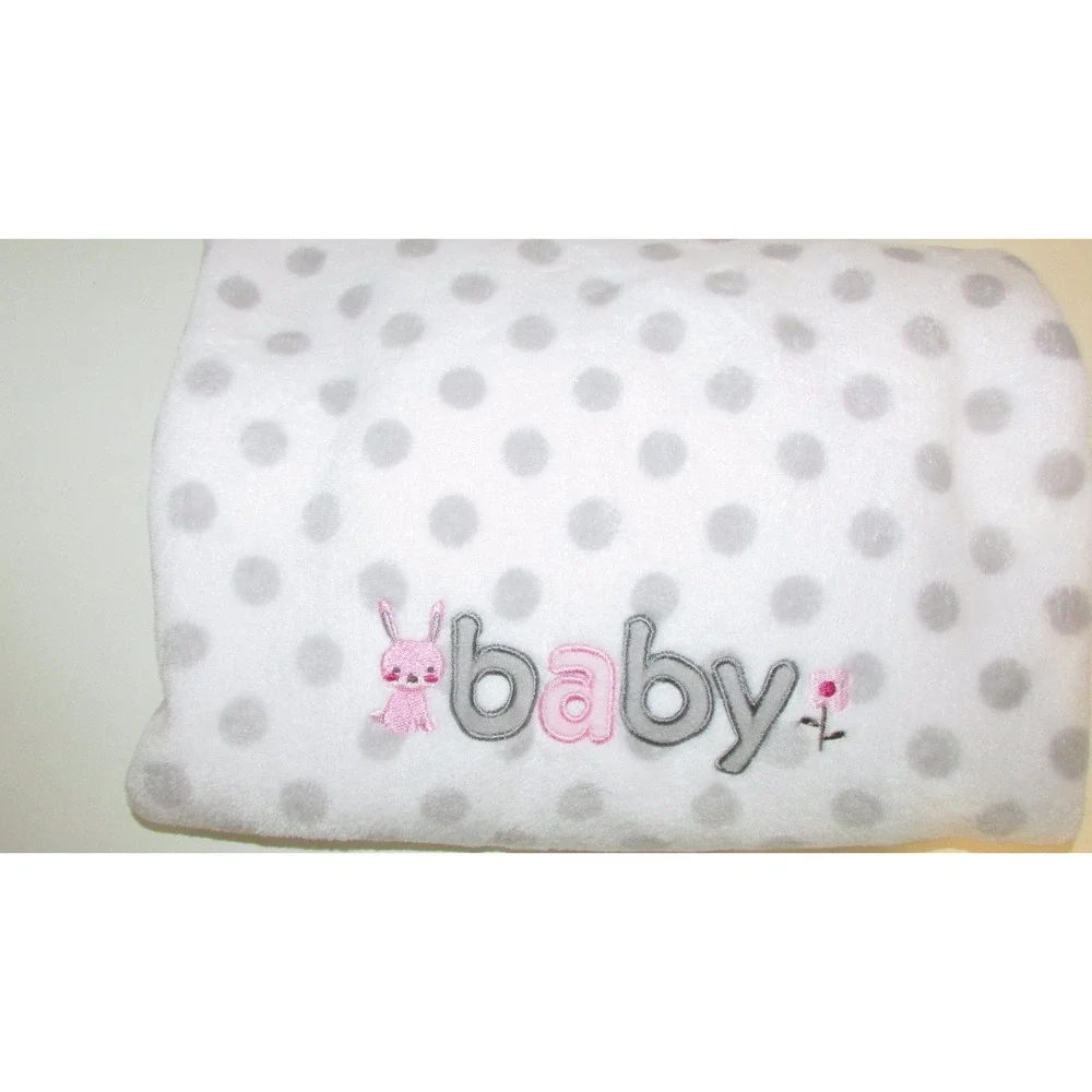Just Born White Gray dots Pink bunny rabbit flower Baby Girl Blanket fleece back